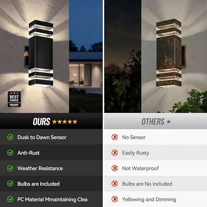 Outdoor Wall Lights 2-Pack – Modern Patio Wall Light Fixture, Dusk to Dawn Outside Lights for House, Up & Down Outdoor Sconce, Waterproof Outdoor Light Fixtures, Front Porch, Garage Lights