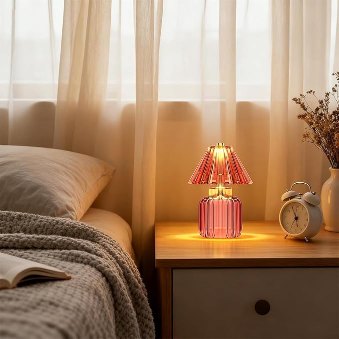 Small Battery Operated Lamp with Timer, Tiny Cordless Glass Table Lamp for Home Decor, Kitchen, Bathroom, Birthday Gift for Women, Jelly Red