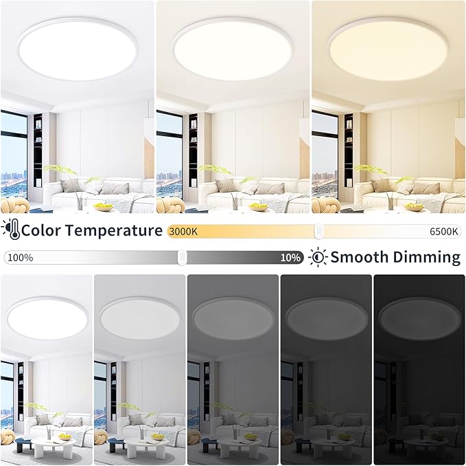 16 Inch Dimmable Ceiling Light Flush Mount 36W Remote Control LED Fixture 3600LM 3000K-6500K Adjustable Round Bright Lamp for Bedroom Kitchen Living Room Dining Bathroom White