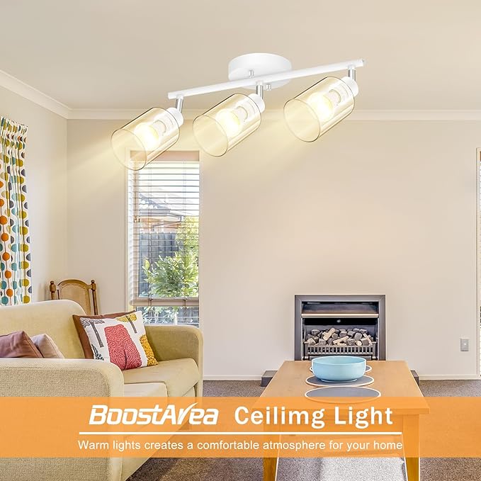 BoostArea 3-Light Bathroom Light Fixtures, White Modern Vanity Wall Lights with Clear Glass Shade,Flexibly Ceiling Light for Mirror Kitchen Living Room Hallway Cabinet Porch