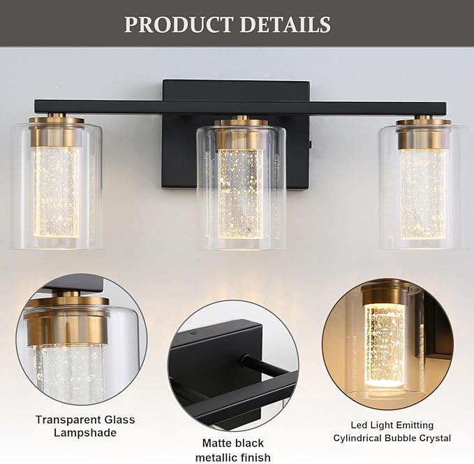 EMONG 3-Light Black&Gold Bathroom Light Fixtures,Dimmable 5CCT LED Vanity Lights with Clear Glass,2700K-6500K Adjustable Crystal Bubble Black Bathroom Vanity Light Over Mirror for Hallway