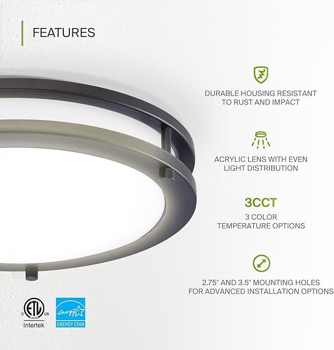 ASD LED 16" Round Flush Mount Lighting, Close to Ceiling Light Fixture | 3CCT, Dimmable, Energy Star, ETL Listed | 24W 1854LM 3000-5000K 120V | Low Profile Double Ring Lamp | Dark Bronze