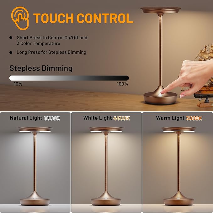 LED Cordless Table Lamps Rechargeable - Outdoor Battery Operated Portable Table Light 3 Color Stepless Dimming Tables Lamp with Memory Function for Patio Restaurant Dining 2 Pack Moka