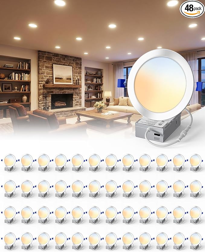 48 Pack 6 Inch LED Recessed Light, Dimmable, Damp Rated, 5CCT Selectable, 12W 1200LM, 120V, Silm Canless Wafer Ceiling Light, ETL&FCC