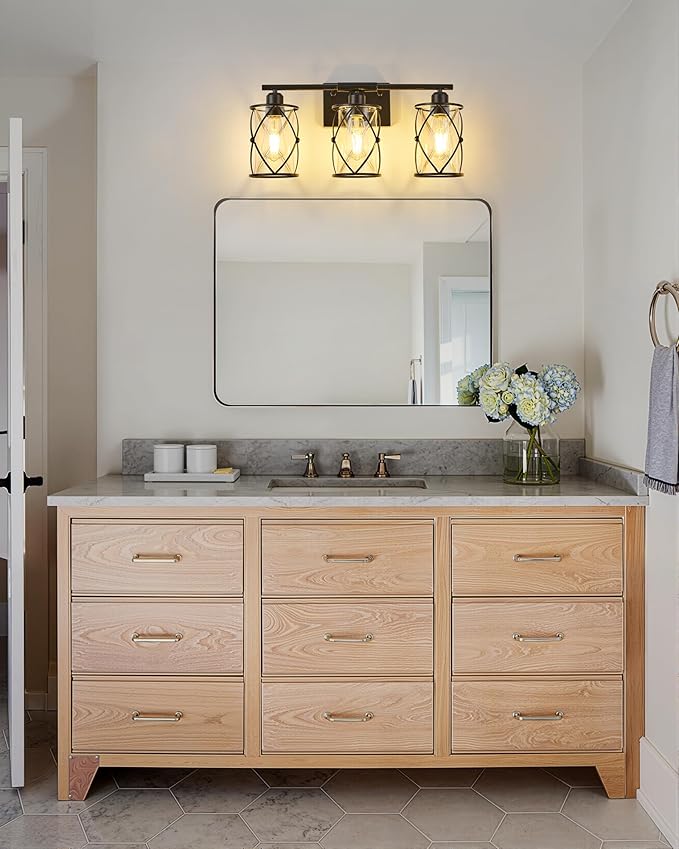 3-Light Black Bathroom Light Fixtures, 21 Inch Modern Bathroom Vanity Lighting Fixtures Over Mirror with Clear Glass and Metal Cage Wall Sconce Lights for Bath, E26, CH9176BK-3W