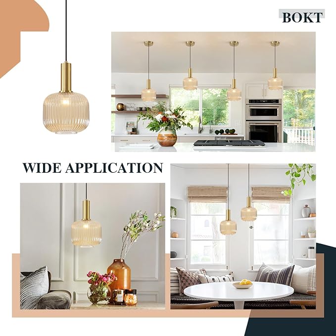 BOKT Modern 2-Pack Glass Pendant Lights Open Amber Ball Ceiling Pendant Lighting Fixture Adjustable Cord Hanging Light Lights Set of Two for Kitchen Island Entryway Dining Room