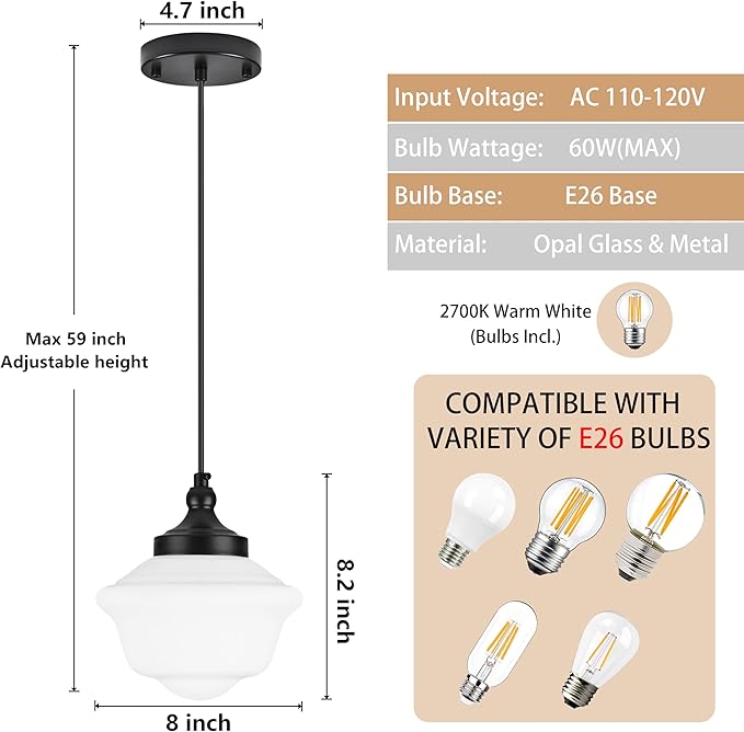 Bagood 2 Pack 8" Milk Glass Pendant Light Black Schoolhouse Light Fixture Schoolhouse Pendant Light Milk Glass Light Fixture Mid Century Modern Ceiling Light for Bedroom Bathroom Kitchen (Bulb Incl.)