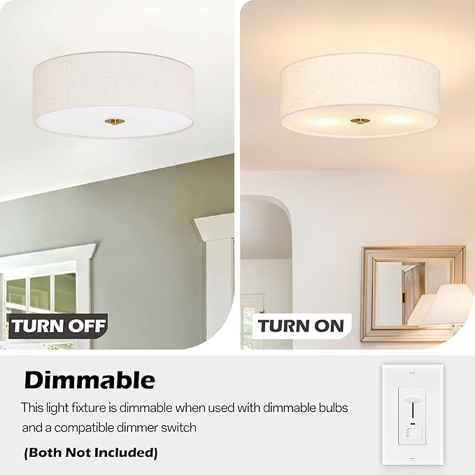 Bagood 12.6 Inch Flush Mount Ceiling Light 2-Light Drum Modern Gold Light Fixture Ceiling Light Fixture Close to Ceiling Light Fixture with Fabric Shade for Living Room Hallway Kitchen Bedroom