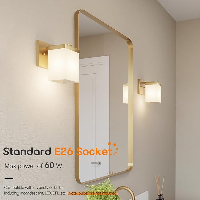 Vanity Lighting Fixtures with White Frosted Glass Shade, Brushed Gold Wall Lamps Over Bathroom Mirror for Bedroom Living Room Porch, 2 Pack T003GD-L1-P2