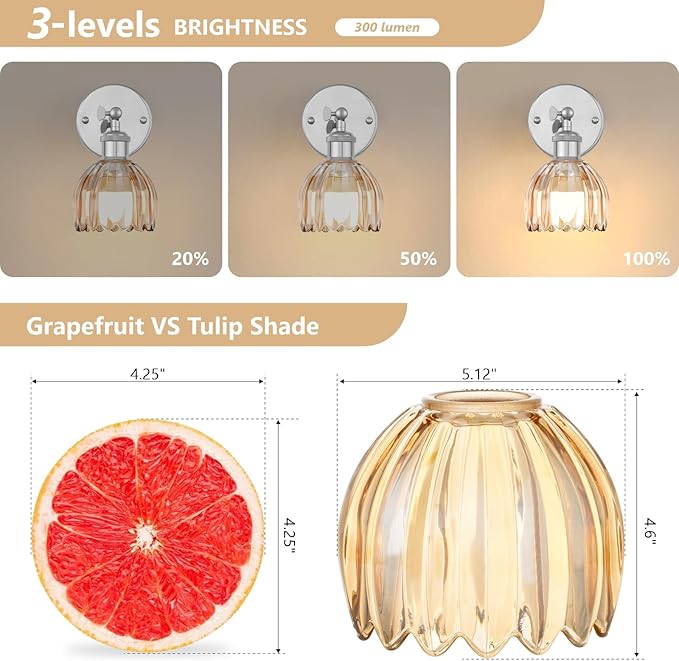Vintage Battery Operated Wall Sconce, Amber Tulip Glass Lampshade Wireless Rechargeable Battery Powered LED Wall Light with Remote Dimmable for Bedside Bedroom Living Room, Silver, Set of 2