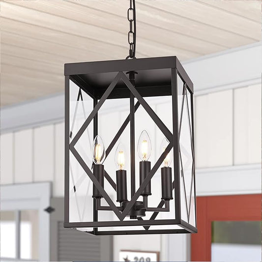 11" Outdoor Pendant Light Exterior Hanging Lantern, Farmhouse Oil Rubbed Brozne Outside Chandelier Light Fixture Ceiling Mount Hanging Porch Light with Clear Glass for Front Porch Entrance