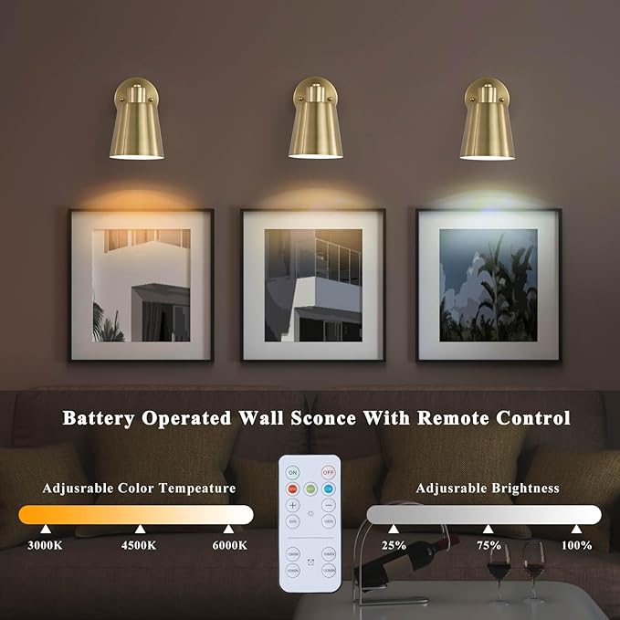 Battery Operated Wall Sconce Set of Two,Gold Modern with Remote Control Dimmable Wall Lighting Indoor, Not Hardwired Led Wall Lamp Fixtures for Bedroom, Bulb Included