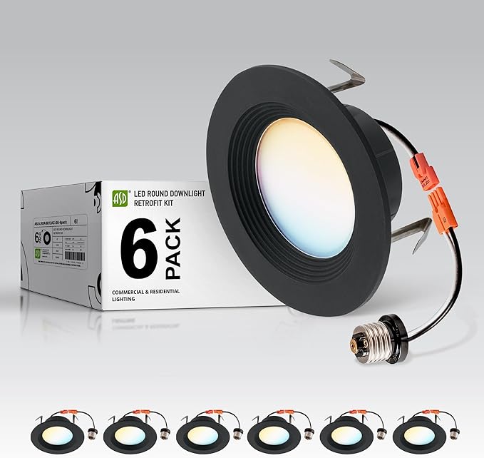 ASD 6 Pack Black 4 Inch Retrofit LED Recessed Light - 9W 2700K-5000K 700LM Retrofit LED Recessed Lighting 4 Inch, Dimmable Black Recessed Lights, Wet Rated Baffle Trim Can Lights, UL