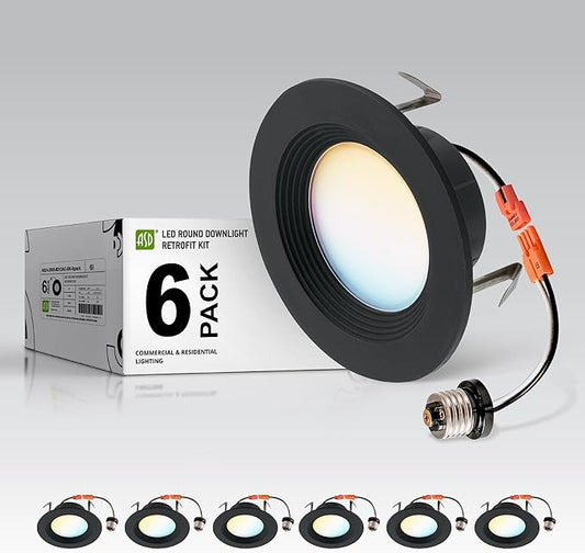 ASD 6 Pack Black 4 Inch Retrofit LED Recessed Light - 9W 2700K-5000K 700LM Retrofit LED Recessed Lighting 4 Inch, Dimmable Black Recessed Lights, Wet Rated Baffle Trim Can Lights, UL