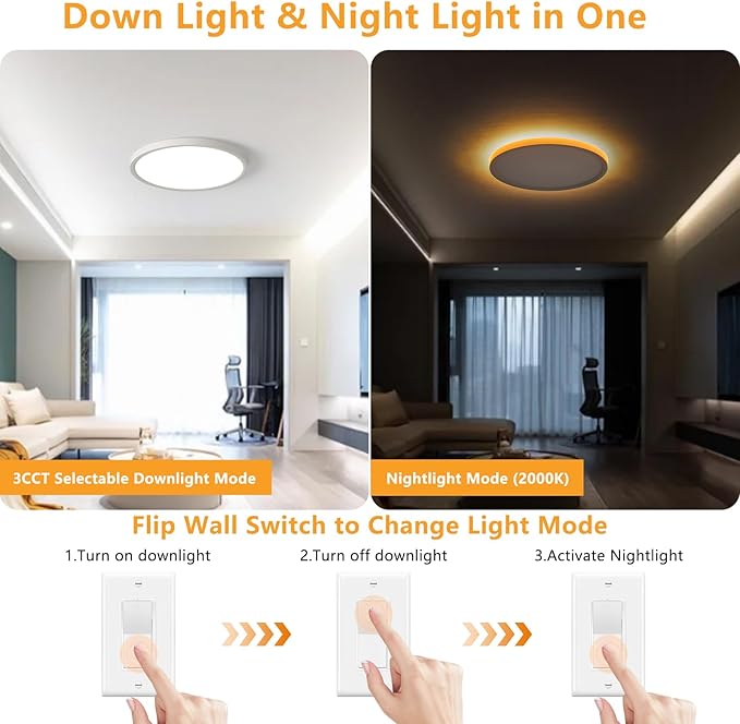 4 Pack 12 Inch LED Flush Mount Ceiling Light Fixture with Night Light, 24W 2400LM, 3000K/4000K/5000K 3CCT Selectable, Dimmable LED Ceiling Light for Bedroom Hallway, White
