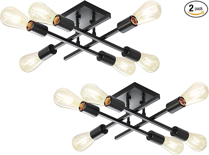 6-Light Semi Flush Mount Ceiling Light Fixture, Industrial Black Close to Ceiling Lighting, Modern E26 Base Sputnik Chandelier Ceiling Lamp for Kitchen Bedroom Living Room Hallway, 2 Pack