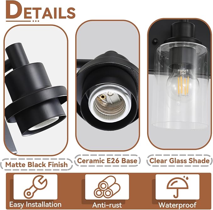LOUSACE 6 Light Bathroom Vanity Light, Matte Black Bathroom Light Fixtures Over Mirror, Modern Bathroom Lighting with Clear Glass Shade, Black Farmhouse Wall Sconces Lighting Fixture