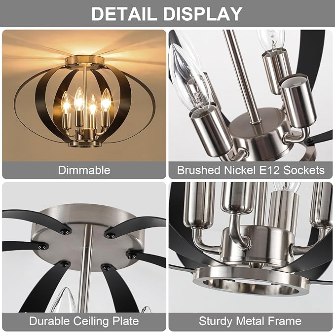 Black and Brushed Nickel Semi Flush Mount Ceiling Light, 4-Light Farmhouse Modern Light Fixtures Ceiling Mount, Metal Cage Stair Lights for Kitchen, Hallway, Entryway, Living Room, Bedroom