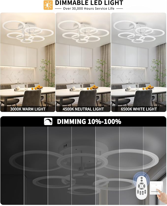 Modern LED Ceiling Light Dimmable Ceiling Light Fixtures with Remote 7 Rings White Close to Ceiling Lights 31.8" 130W 3000K-6500K Flush Mount Ceiling Lamp for Living Room,Bedroom,Kitchen