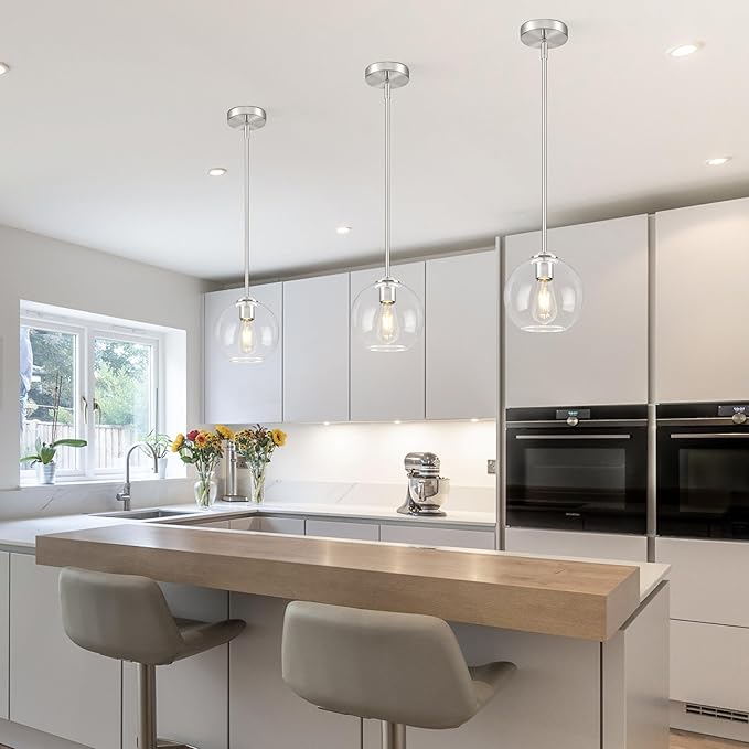 7 Inch Nickel 2-Pack Modern Pendant Lights Kitchen Island Mid Century Modern Pendant Light Fixtures with Clear Glass Globe Modern Hanging Pendant Light for Bathroom Bedroom （Bulb Incl）