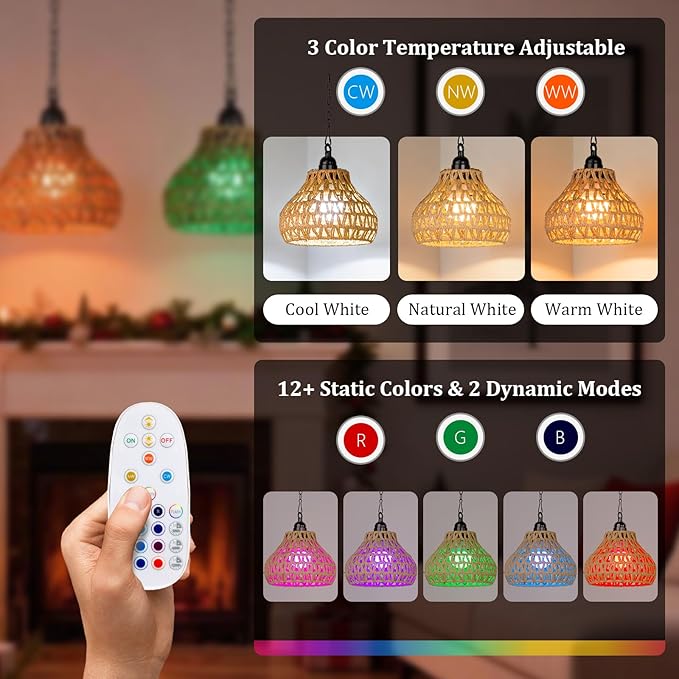 Rechargeable Hanging Pendant Lights, 2 Pack Battery Operated Outdoor Chandelier with Remote, No Wiring for Outdoor Patio, Gazebo, Porch Decor