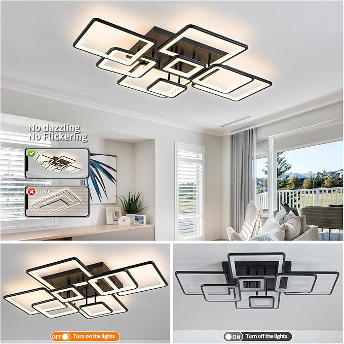 Shine LUEST Modern LED Ceiling Light, Dimmable LED Chandelier Black Flush Mount Ceiling Lights, Remote Control Acrylic Ring Ceiling Lamp Fixture for Living Room Dining Room Bedroom, 8H-FANG-BL-04