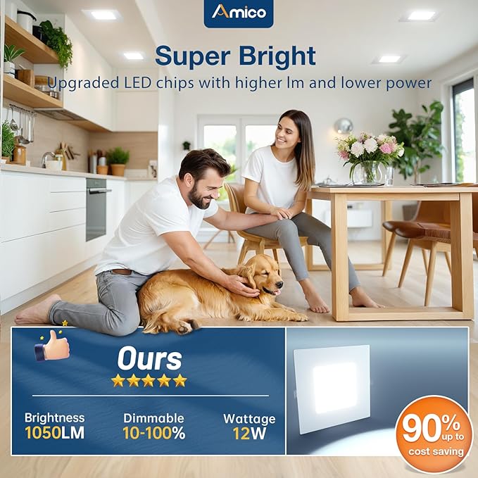 Amico 6 Pack 6 Inch Ultra-Thin LED Square Recessed Light with Junction Box, 5CCT 2700K/3000K/3500K/4000K/5000K Selectable, 1050LM Brightness, Dimmable Canless Wafer Downlight, 12W, ETL&FCC