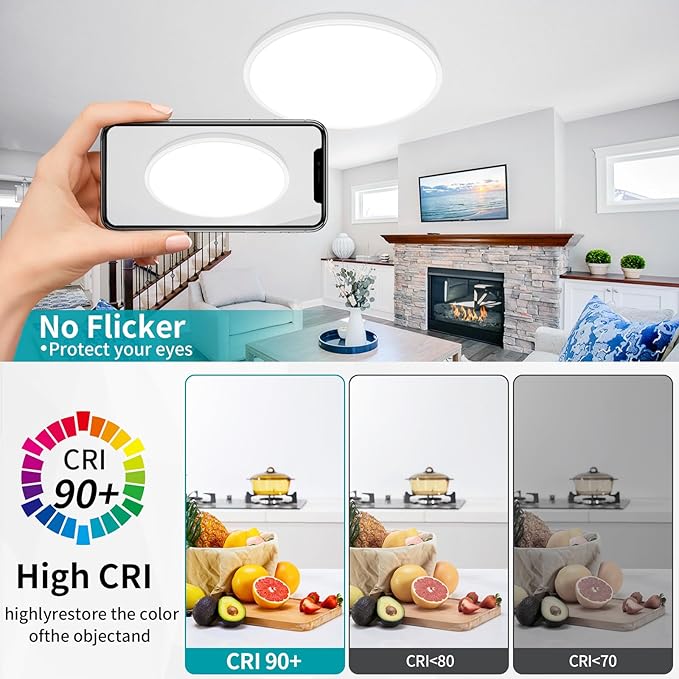 24 Inch Led Flush Mount Ceiling Light Fixture, Ultra Thin, Dimmable with Remote Control, 56W, 5600 Lumen, Modern, Round, White, for Kitchen, Dining Room, Bedroom, Living Room, Home Office