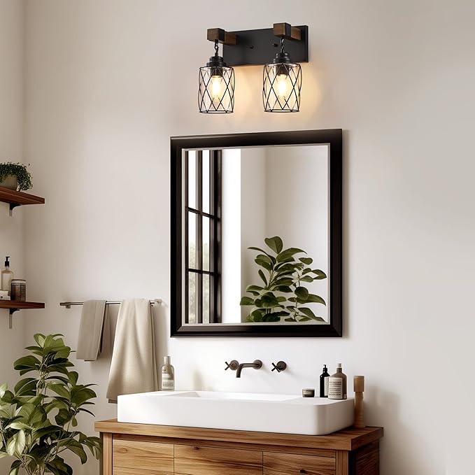Farmhouse Bathroom Light Fixtures, 2 Light Bathroom Vanity Light with Metal and Glass Lampshade, Wood Rustic Lighting Fixtures Over Mirror, Black Wall Sconces for Living Room, Bedroom