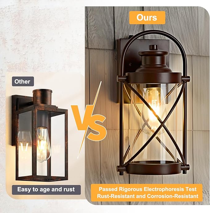 OKELI Dusk to Dawn Outdoor Wall Lights Fixtures, Waterproof Exterior Lighting Fixtures with Photocell Sensor,Vintage Coffee-Bronze Metal Cage Lantern Outside Lights for Porch Patio House Garage