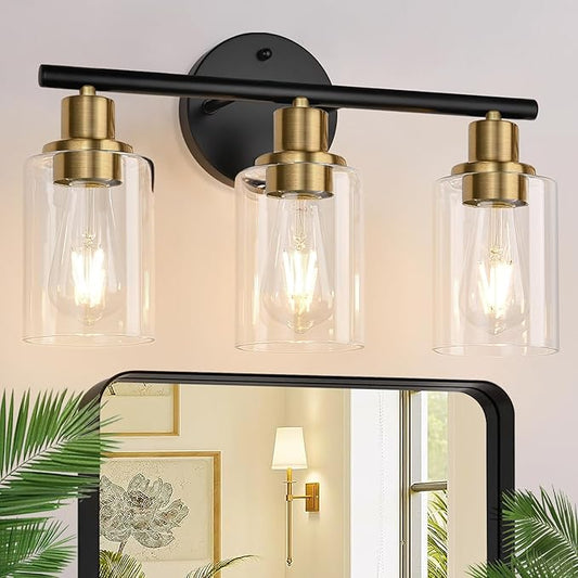 Zarbitta 3-Light Bathroom Light Fixtures, Black and Gold Bathroom Wall Lights, Modern Vanity Light with Clear Glass Shade, Bathroom Wall Lamp for Mirror Kitchen Bedroom Hallway Cabinet