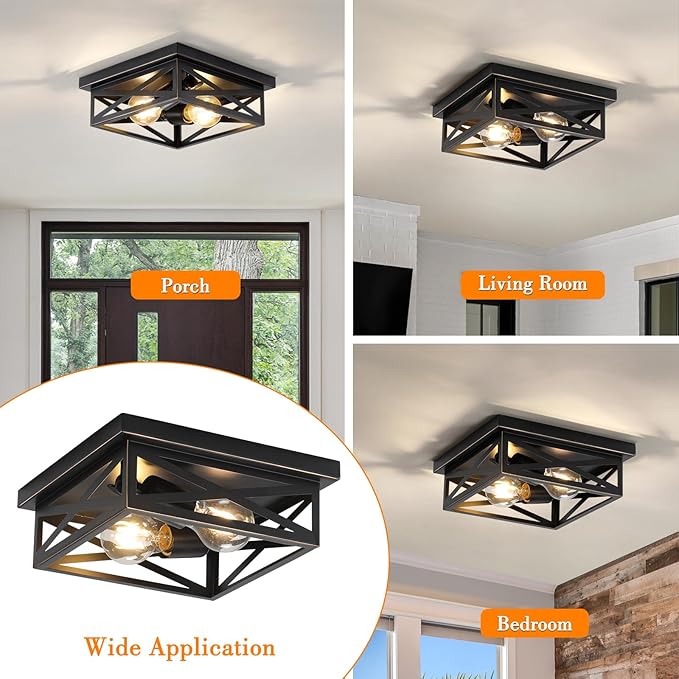 Farmhouse Flush Mount Ceiling Light for Kitchen,2-Light Modern Rustic Metal Finish Industrial Kitchen Ceiling Light Fixture for Bedroom, Hallway Entryway(Black & Gold Border)