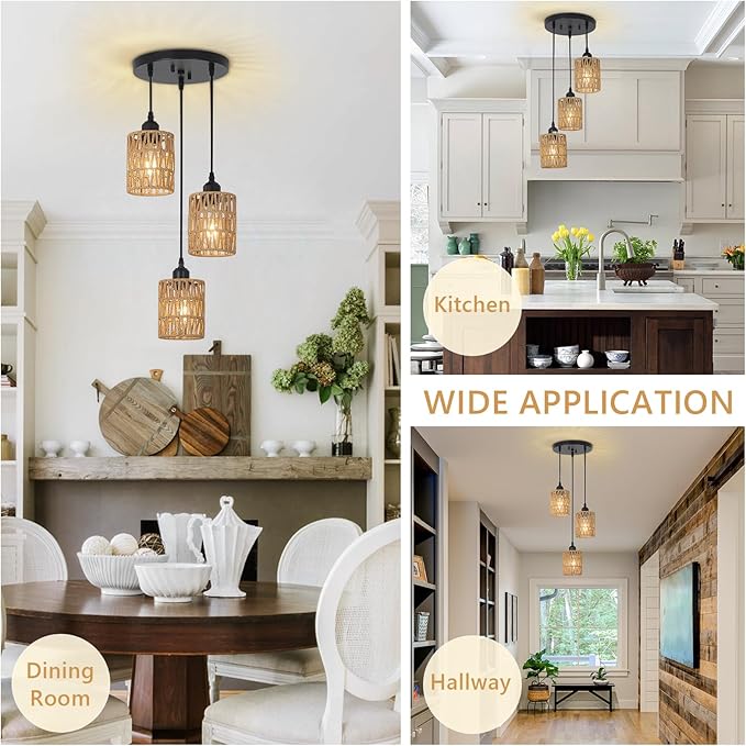 LAMSU 3 Lights Rattan Pendant Light, Farmhouse Dining Room Light Fixtures Ceiling Hanging, Boho Pendant Lighting with Hand Woven Wicker Shades for Kitchen Island Living Room Bedroom Foyer Hallway