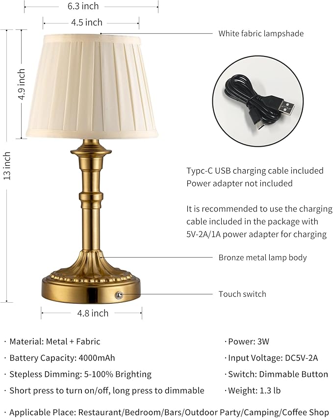 KDG Cordless Portables Table Lamp Set of 2, LED Fabric Shade Small Desk Lamps, 5000mAh Battery Powered Lighting, 2700K Stepless Dimmable Light for Living Room, Dining Room, Bedroom, Bedside (Gold)