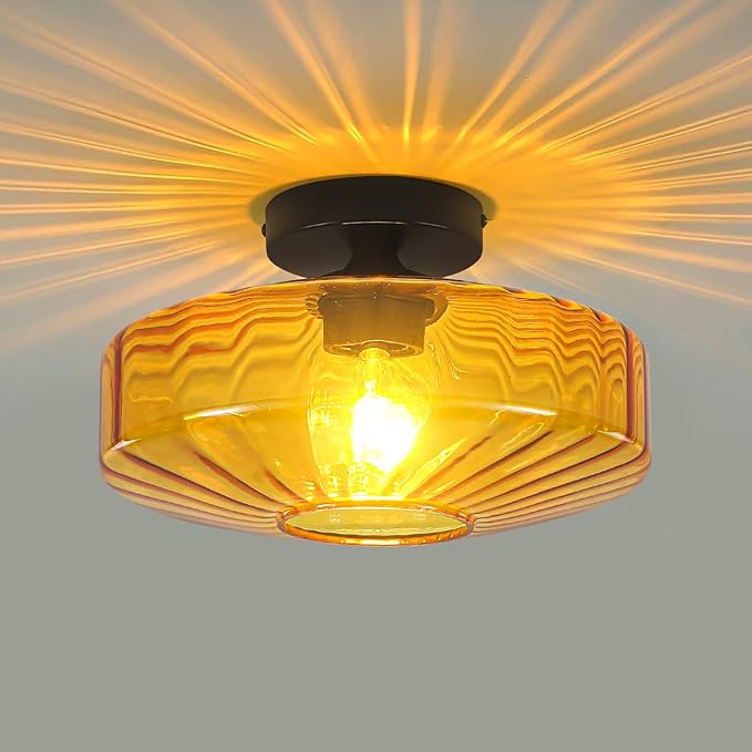 Semi Flush Mount Ceiling Light, 11.8" Mid Century Modern Close to Ceiling Light Fixtures with Amber Glass Shade, 1-Light Vintage Drum Lights for Bedroom Kitchen Entryway Hallway Porch Foyer