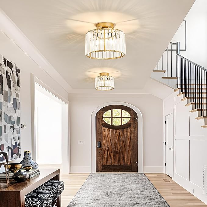 CVKASH 2 Pack Gold Crystal Semi Flush Mount Ceiling Light,Vintage Mini Ceiling Light Fixture Metal Close to Ceiling Lamp for Hallway Kitchen Living Room Bathroom Entryway Bedroom Closet