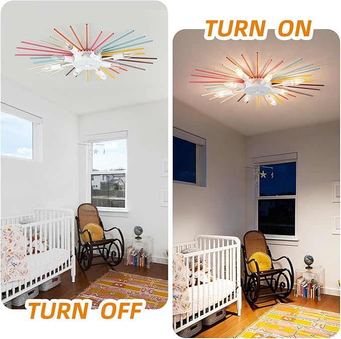 Kids Ceiling Light,8-Lights Colorful Sputnik Ceiling Fixtures, Rainbow Kid Chandelier for Bedroom Playroom Kitchen Entryway,E12