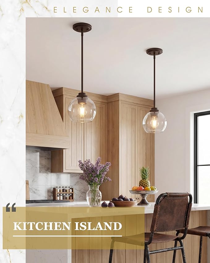 Pendant Lights Kitchen Island, 7" Oil Rubbed Bronze Hanging Lights Fixtures with Clear Glass Globe Shade, Modern Kitchen Island Lighting for Bathroom, AD-22280-1P-ORB