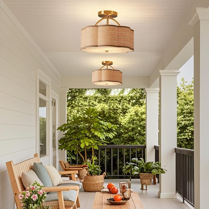 13" Rattan Semi Flush Mount Ceiling Light 3-Light Boho Mini Chandelier Ceiling Light Flush Mount for Hallway,Entrance,Kitchen,Bathroom,Bedroom,Living Room