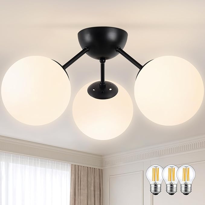 3-Light Mid Century Modern Semi Flush Mount Ceiling Light, Opal Glass Globe & Matte Black, Dimmable, UL Certified, for Bedroom, Kitchen, Living Room (Bulb Incl.)