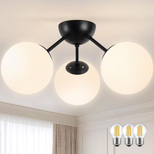 3-Light Mid Century Modern Semi Flush Mount Ceiling Light, Opal Glass Globe & Matte Black, Dimmable, UL Certified, for Bedroom, Kitchen, Living Room (Bulb Incl.)