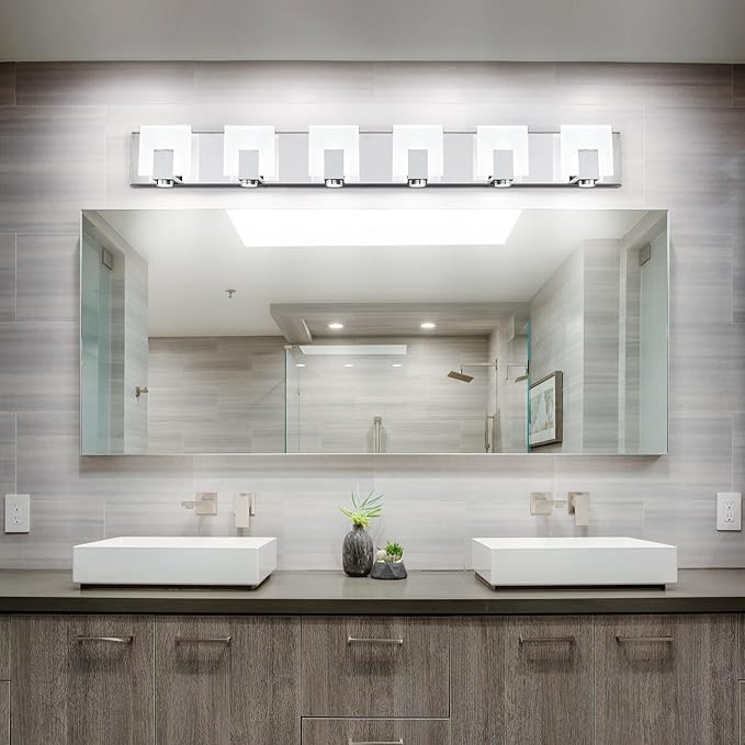 SOLFART Vanity Lighting Fixtures Stainless Steel Acrylic Chrome Vanity Lights Modern LED 6 Lights Bathroom Light