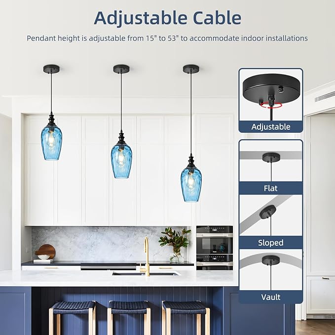 Pendant Lights Kitchen Island, Hanging Lighting Fixtures Dark Blue Water Ripple Glass Lamp Shade Black Pendant Light Fixtures for Kitchen Island Bedroom Living Dining Room Light Fixture
