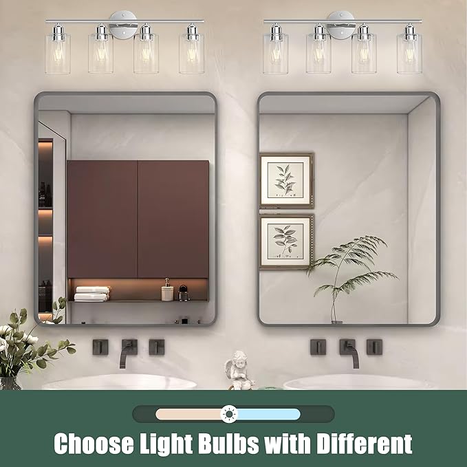 Espird Bathroom Vanity Light Fixtures Polished Chrome,4 Lights Rustic Farmhouse Vanity Bar Lighting Over Mirror Modern Industrial Wall Sconces Lamp with Cylinder Glass Shade