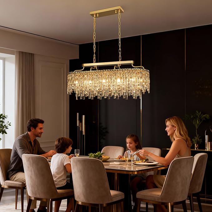 12-Lights Modern Gold Crystal Chandeliers for Dining Room Light Fixtures Over Table | L36" Luxury Crystal Chandeliers for Kitchen Island | Oval Hanging Lighting for Living Room Bedroom Bathroom