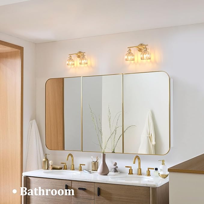 Shenmoyl Bathroom Light Fixtures, 2-Light Brass Vanity wall Light Over Mirror with Amber Tulip Glass Shade for Bedroom Living Room (Bulb Not Included)