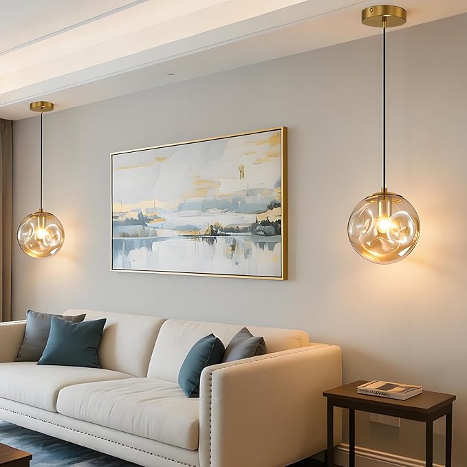 Modern Amber Concave Glass Pendant Light, 2-Pack Kitchen Island Lighting Single Globe Pendant Light Fixtures Century Kitchen Island Pendant Light for Bedroom Dining Room Light (Without Bulbs)