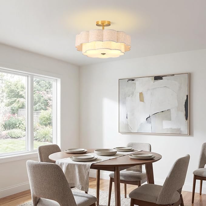 Modern Semi Flush Mount Ceiling Light ,17.7" Modern Gold Drum Ceiling Lighting Fixture with Linen Shade ,3-Light Vintage Lamp for Living Room, Bedroom, Kitchen, Dining Room, Hallway, Entryway