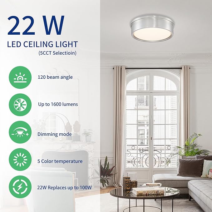 13 inch Flush Mount LED Ceiling Light Fixture, 5CCT Modern Dimmable Lighting for Hallway Bathroom Kitchen Stairwell, 2700K/3000K/3500K/4000K/5000K, Brushed Nickel