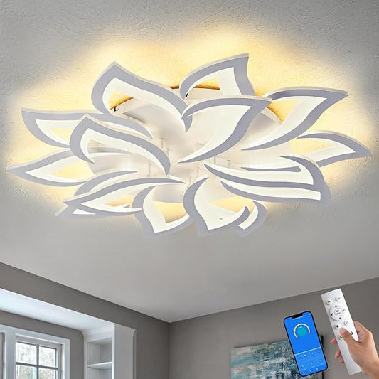 HuixuTe 36" White Modern Geometric Dimmable Ceiling Light Fixture, 15 Leaves Low Profile Flush Mount Ceiling Light for Kitchen, Bedroom, Living Room